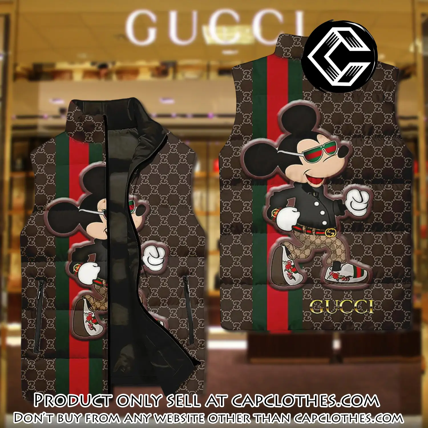 Gucci mickey mouse brown luxury brand 3d sleeveless down jacket cc0618728